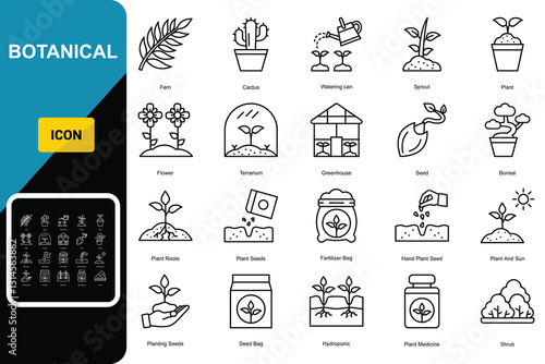 botanical icon set. Simple modern icons about - Fern, Cactus, Watering can, Sprout, Bonsai, Terrarium