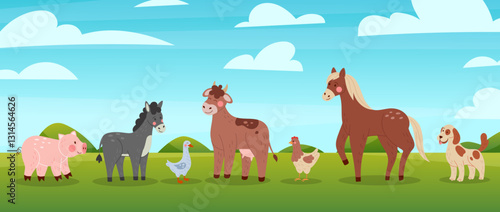 Farm animals. Cartoon agriculture mammals row. Cute cow and pig. Domestic goose. Grazing horse. Shepherd dog. Donkey at meadow. Countryside panorama. Summer village farmland. Vector farming landscape