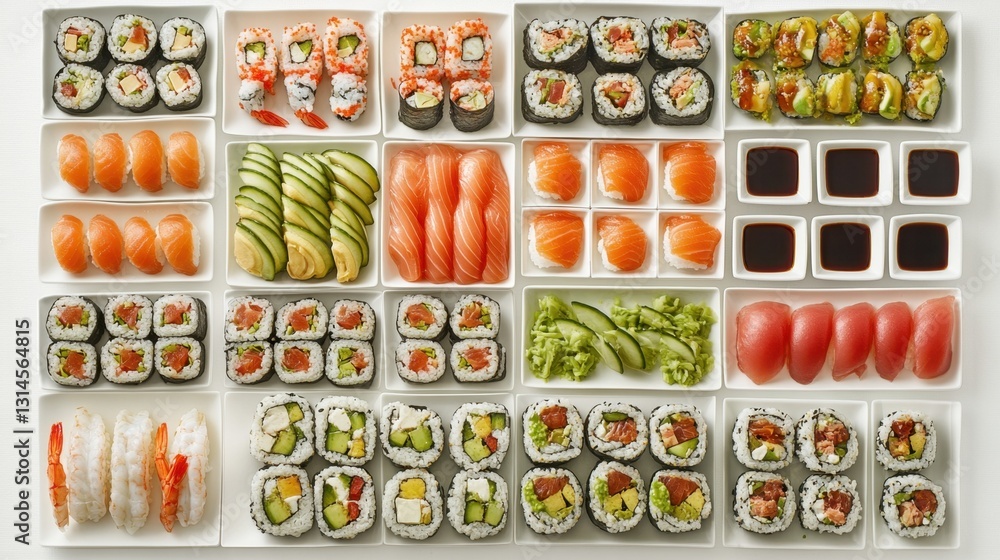 Exquisite Sushi Platter Array Featuring Diverse Rolls Nigiri and Sashimi on White Plates for Culinary Delights and Japanese Cuisine Exquisite Sushi Platter Array Featuring Diverse Rolls Nigiri and Sashimi on White Plates for Culinary Delights and Japanese Cuisine