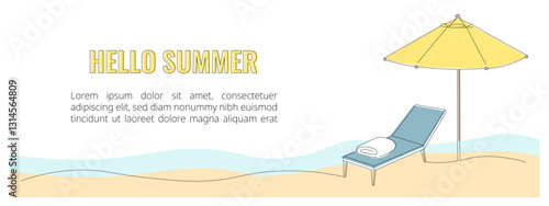 One continuous line drawing of a lounger and parasol. Hello Summer, a travel concept banner. Editable stroke, simple doodle design, vector illustration