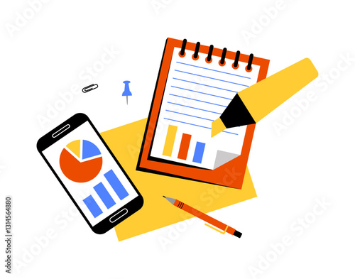 Office workplace. Businessman laptop. Smartphone screen with project diagrams. Notepad sheet. Paper pages at clipboard. Work table top view. Document infographic. Highlighter marker. Vector stationery