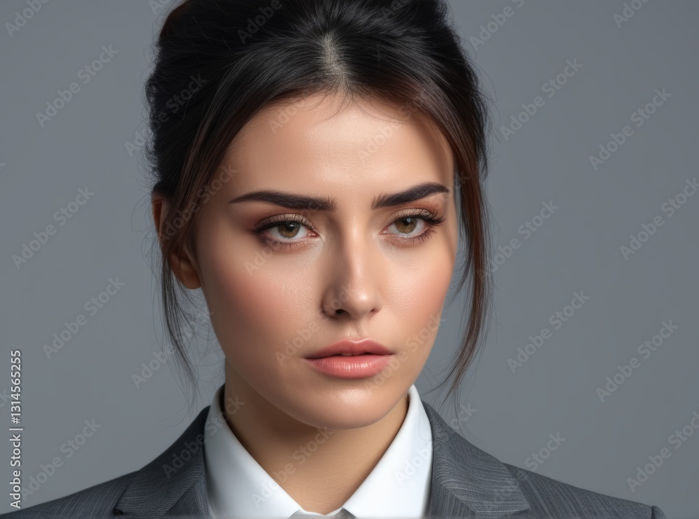 Young woman dressed in a tailored suit stands confidently with her gaze directed forward. The neutral backdrop highlights her polished appearance, projecting professionalism and poise Young woman dressed in a tailored suit stands confidently with her gaze directed forward. The neutral backdrop highlights her polished appearance, projecting professionalism and poise