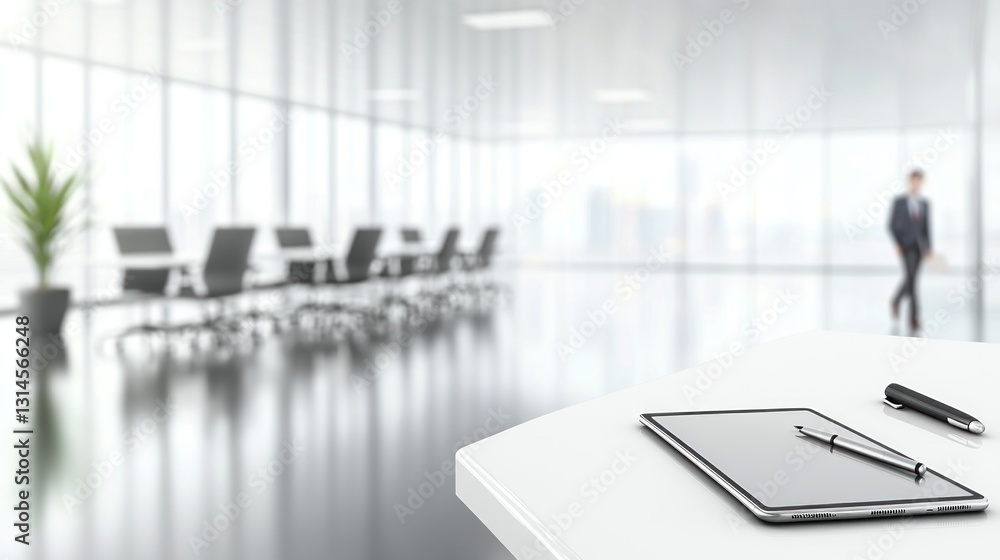 Modern office meeting room, tablet and pen on table, blurred background, business meeting Modern office meeting room, tablet and pen on table, blurred background, business meeting