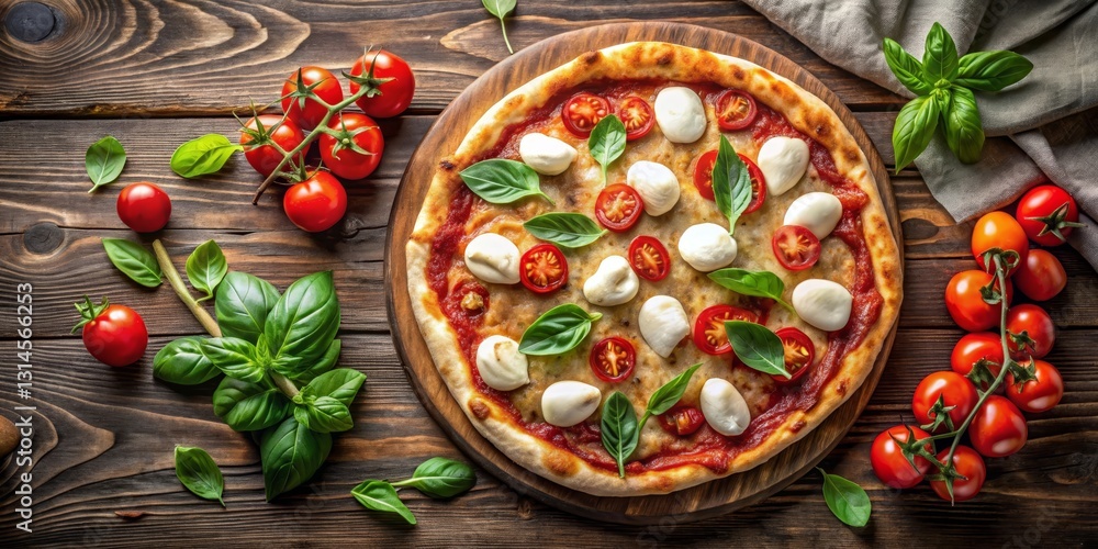 Artisan Pizza with Fresh Mozzarella, Cherry Tomatoes, and Basil on Rustic Wooden Table Artisan Pizza with Fresh Mozzarella, Cherry Tomatoes, and Basil on Rustic Wooden Table