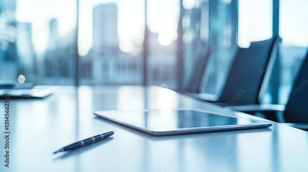 Meeting Room Table with Tablet and Pen, Cityscape View Meeting Room Table with Tablet and Pen, Cityscape View