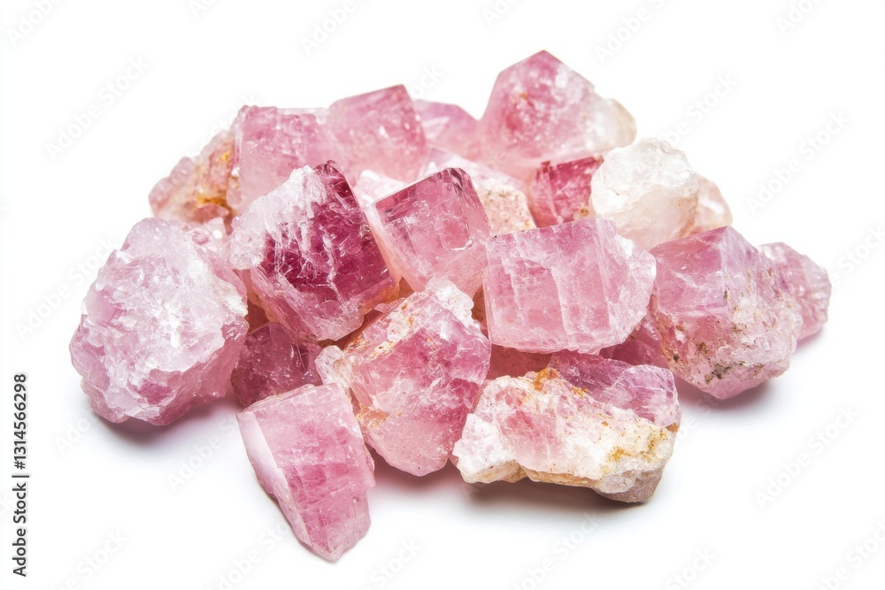 Morganite crystals in various shapes and sizes arranged on a bright white background