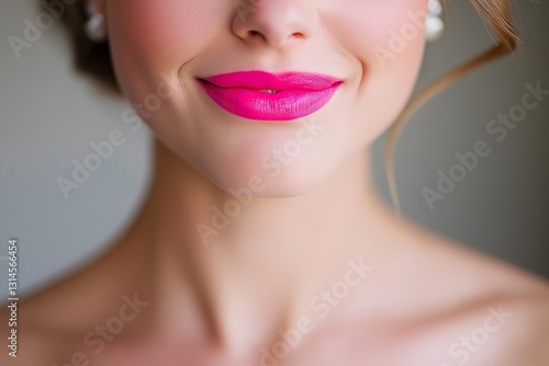 Close-up of bride with glossy pink lips, showcasing radiant smile. Concept focuses on glossy pink lips bride, ideal for wedding beauty and makeup inspiration photo