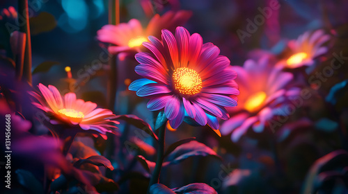 Realistic close-up animation of bioluminescent flowers glowing in vibrant neon colors, gently swaying in a futuristic greenhouse with automated care systems 