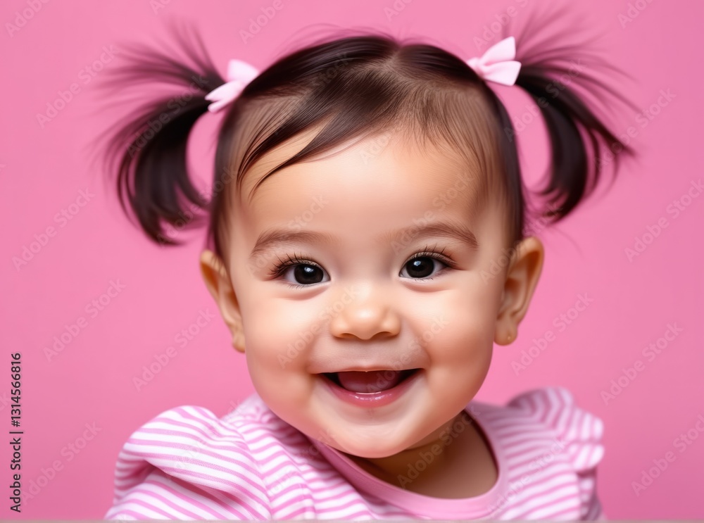 A joyful baby girl smiles brightly with her hair in playful pigtails, showcasing her bright eyes and infectious grin against a soft pink backdrop A joyful baby girl smiles brightly with her hair in playful pigtails, showcasing her bright eyes and infectious grin against a soft pink backdrop