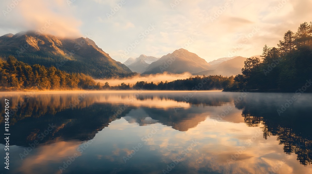 Fototapeta premium a serene lake reflects the surrounding mountains and trees, bathed in the soft light of sunrise or sunset. Calm water mirrors the sky and landscape