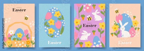 Happy Easter cards collection. Creative Easter vector card with hand drawn bunny, eggs, spring flowers, carrots, cute bee. Holiday banner for design of party, branding, cover, card, sale, event.