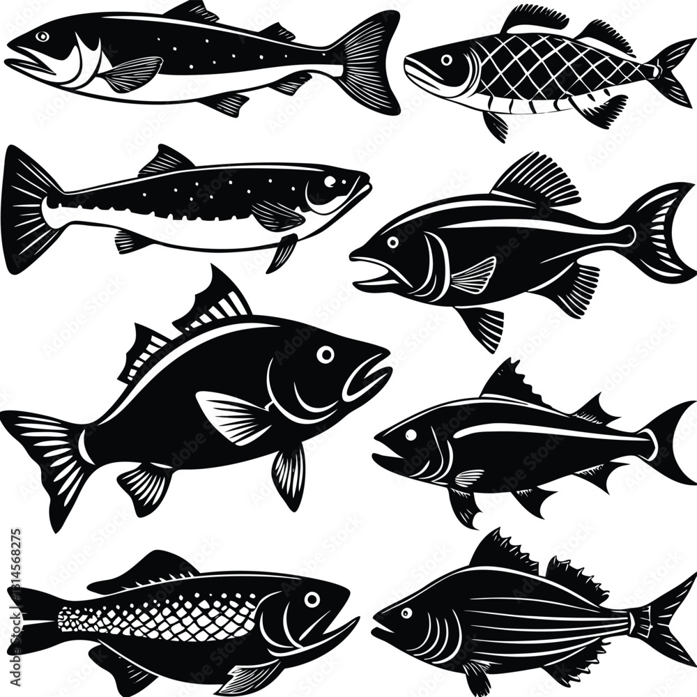 Simple Black Silhouette of Various Fish Species Simple Black Silhouette of Various Fish Species