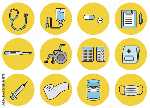 シンプルな医療器具のアイテムイラスト複数＿主線ありタッチのボタンデザイン
