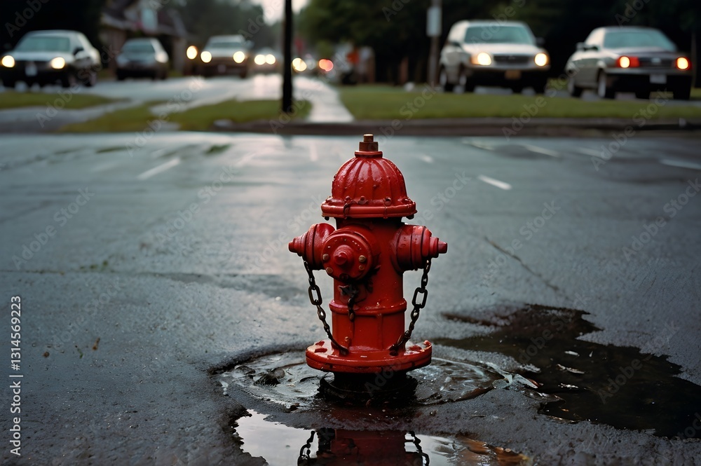 Fire Hydrant on Asphalt Road After Rain – City Infrastructure Fire Hydrant on Asphalt Road After Rain – City Infrastructure