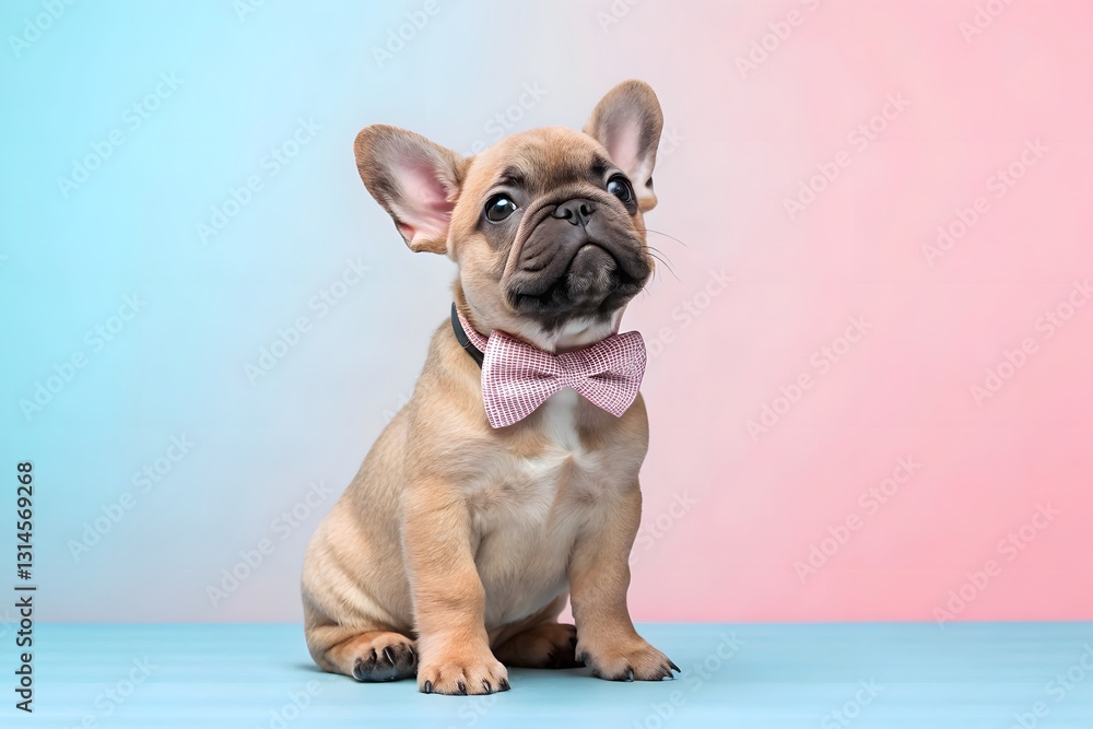 Fototapeta premium Cute French Bulldog Puppy with Bow Tie on Pastel Background
