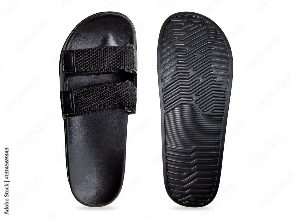Pair of Black Double Band Slide Sandals with top and bottom view isolated on white background with clipping path. Design mockup. Open-toe slippers or beach flip-flops with velcro and buckle straps. Pair of Black Double Band Slide Sandals with top and bottom view isolated on white background with clipping path. Design mockup. Open-toe slippers or beach flip-flops with velcro and buckle straps.