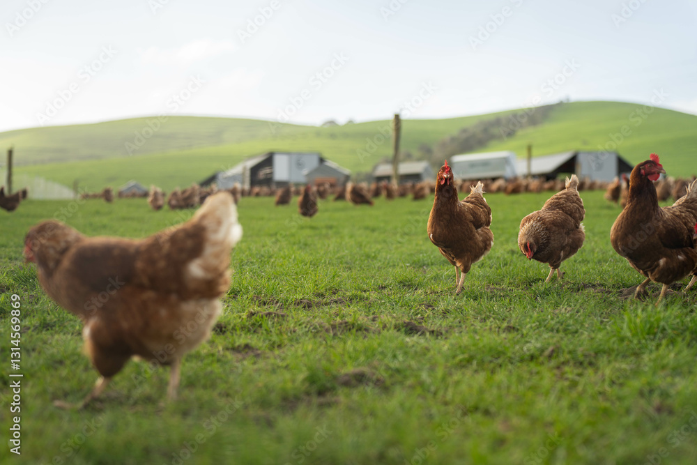 free range poultry farm with chook tractors and chickens on pasture grass