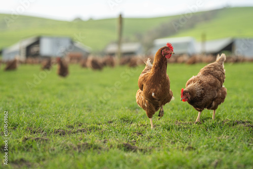 free range poultry farm with chook tractors and chickens on pasture grass