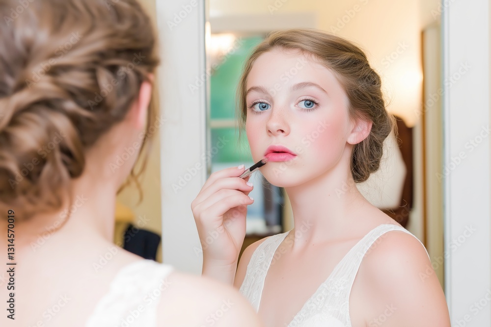 Bride preparing for wedding with glossy pink lips in front of mirror. Concept of glossy pink lips bride captures beauty and elegance for special occasions Bride preparing for wedding with glossy pink lips in front of mirror. Concept of glossy pink lips bride captures beauty and elegance for special occasions