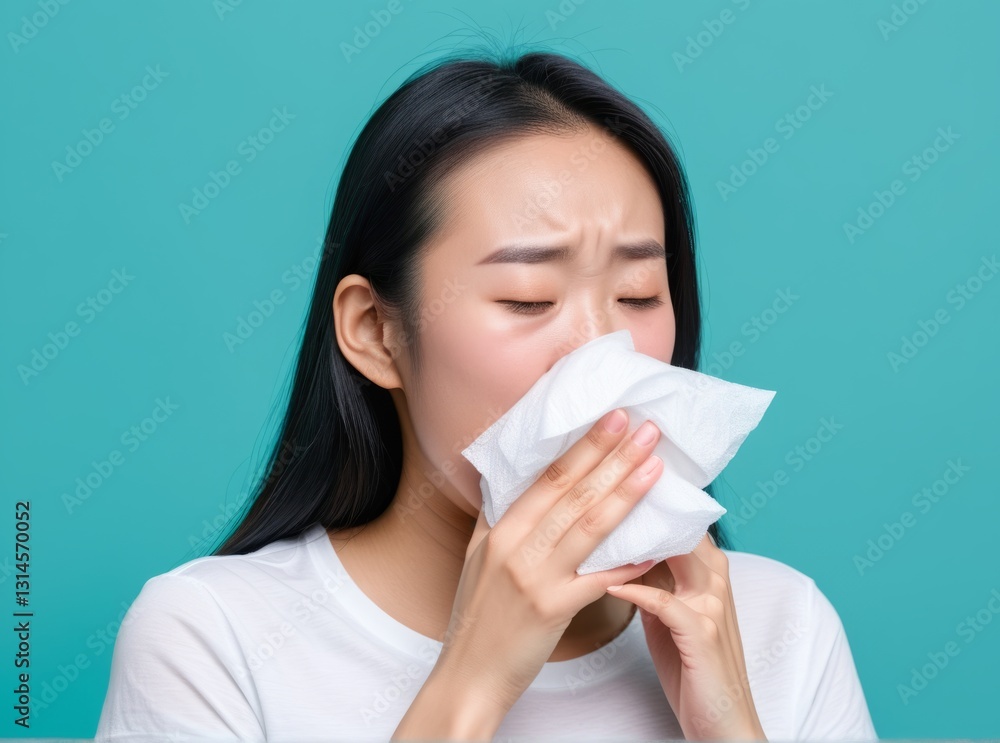 A young woman shows signs of feeling unwell as she holds tissues to her face, appearing to struggle with cold symptoms against a solid blue background A young woman shows signs of feeling unwell as she holds tissues to her face, appearing to struggle with cold symptoms against a solid blue background