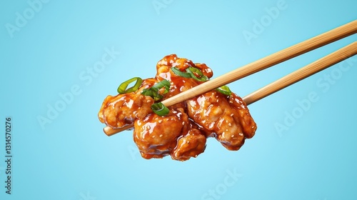 Delicious Orange Chicken Served with Chopsticks on Blue Background