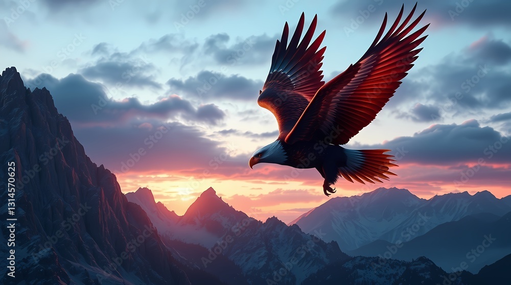 Obraz premium Majestic Eagle Soaring High: A stunning eagle soars gracefully through a vibrant, colorful sky, its powerful wings catching the light as it surveys the majestic landscape.
