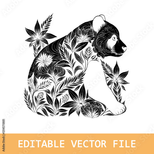 silhouette of grizzly bear filled with tropical plant in the jungle in rough drawing