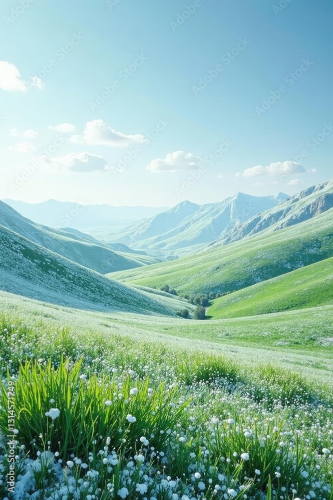Fototapeta premium A blanket of snow covers the rolling hills and vast fields of emerald grass, snowy field, landscape