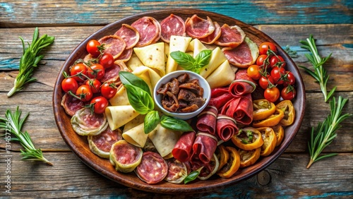 Wallpaper Mural A delectable arrangement of cured meats, cheeses, and sun-dried tomatoes artfully presented on a rustic wooden platter, garnished with fresh basil and rosemary sprigs Torontodigital.ca