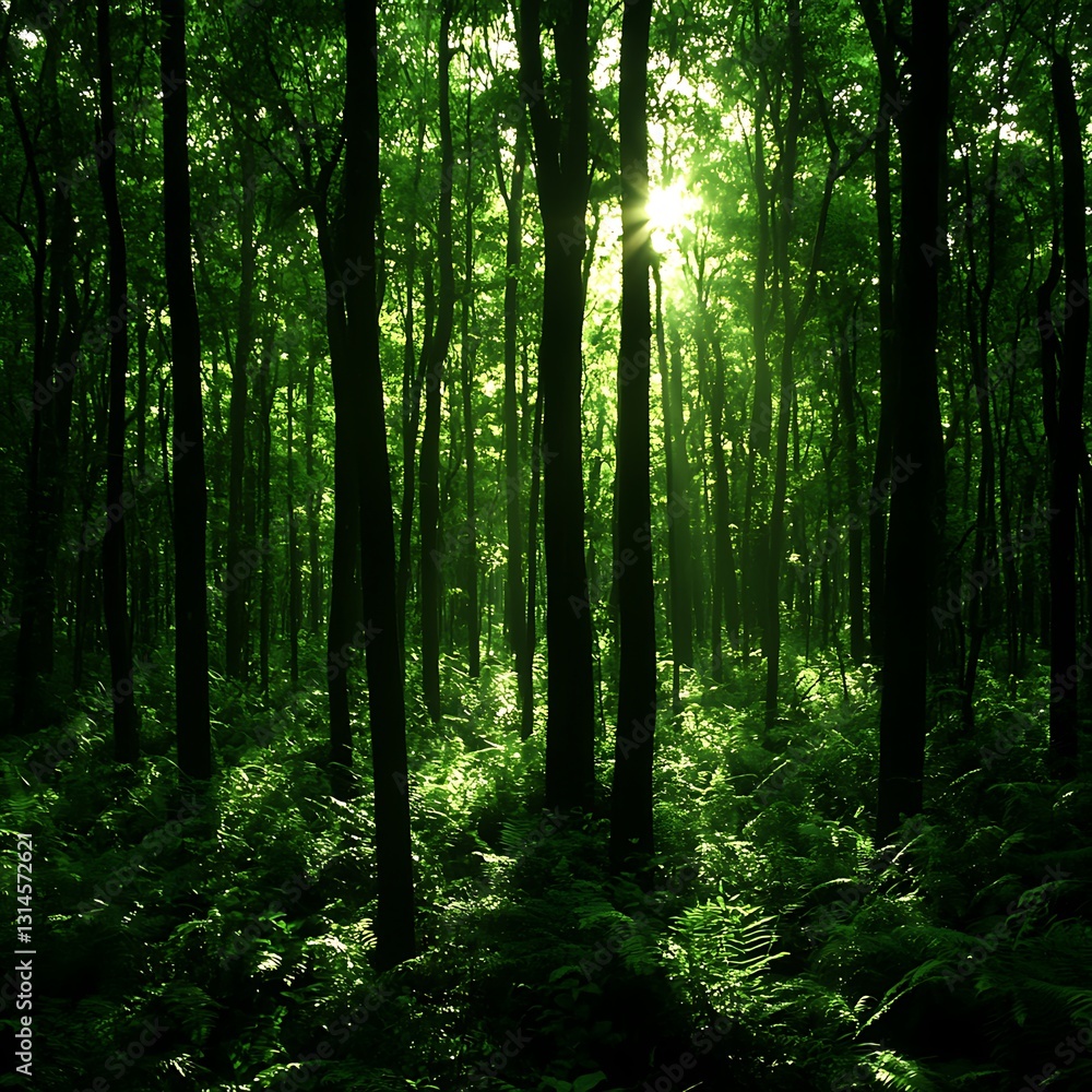 Obraz premium Sunlit Forest Path, Green Canopy