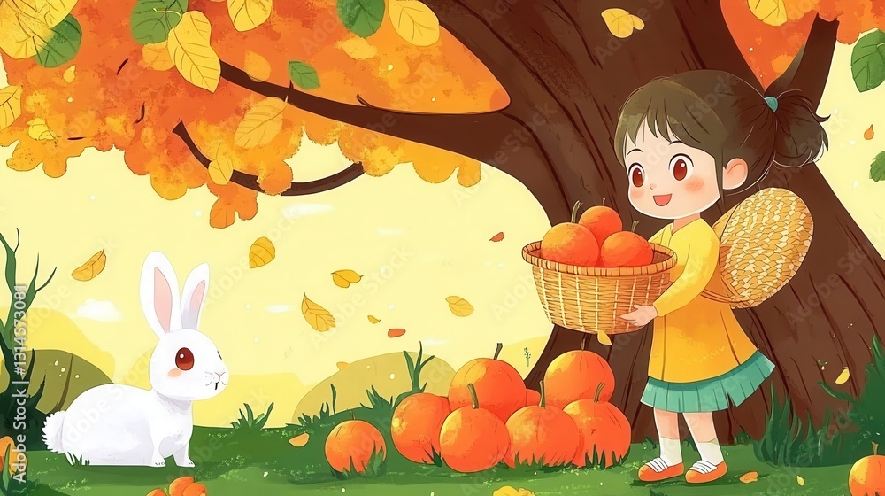 Fototapeta premium Girl with apple basket and rabbit in autumn scenery