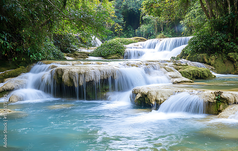 Obraz premium Waterfall cascading down rocks, natural beauty, ecotourism spring destination, funded ecotourism project. 
