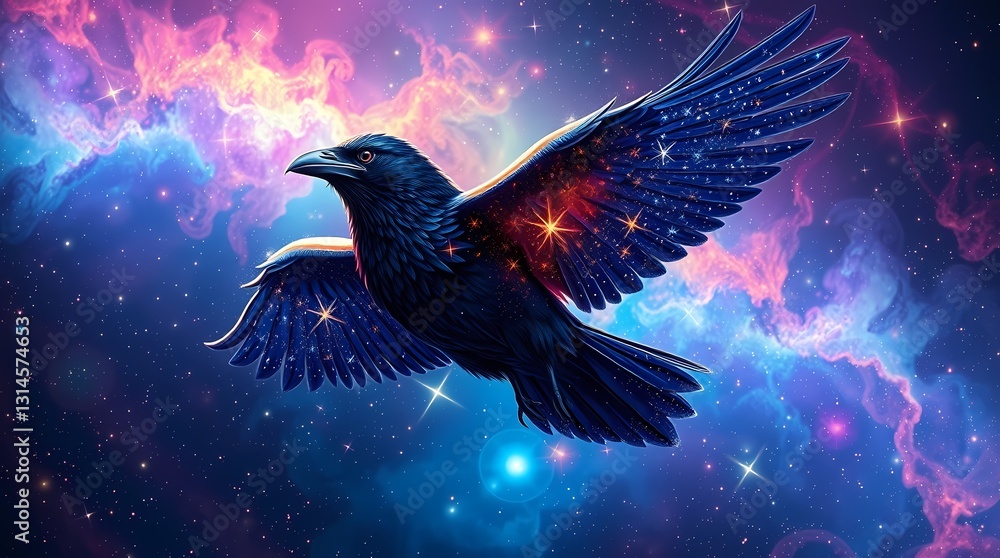Fototapeta premium Celestial Raven Soaring: A mystical raven, its feathers adorned with cosmic stardust, glides gracefully against a vibrant nebula backdrop, evoking a sense of wonder and fantasy. 