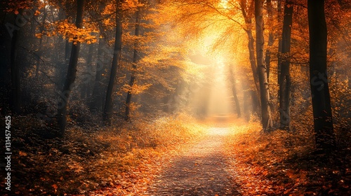 Fototapeta Naklejka Na Ścianę i Meble -  sunlight shining through a forest path in autumn, with golden leaves, creating a magical atmosphere