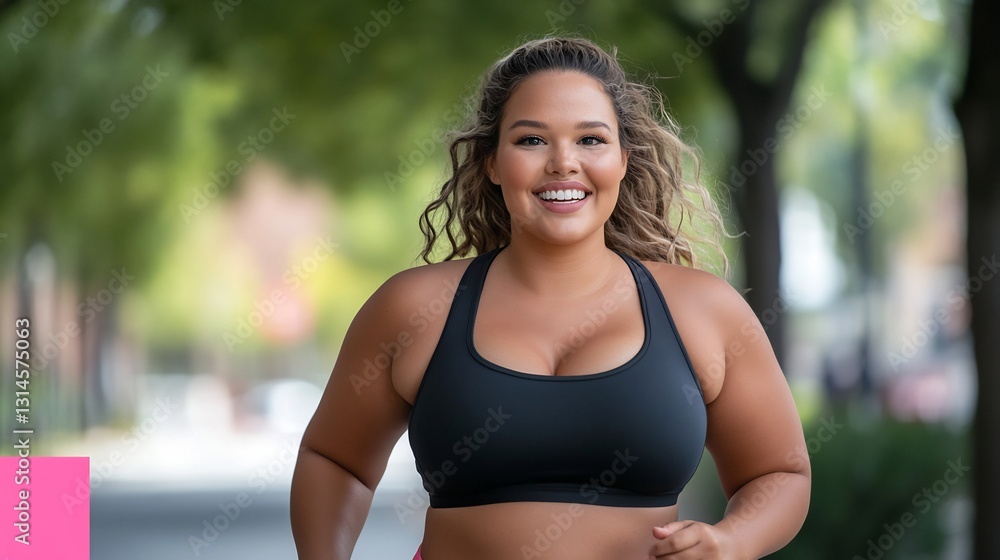 curvy woman jogging through tree-lined city street in sports outfit curvy woman jogging through tree-lined city street in sports outfit