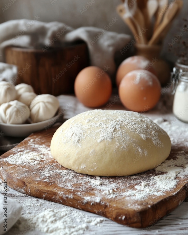 Rustic kitchen scene featuring fresh dough dusted with flour eggs and wooden utensils for baking preparation Rustic kitchen scene featuring fresh dough dusted with flour eggs and wooden utensils for baking preparation