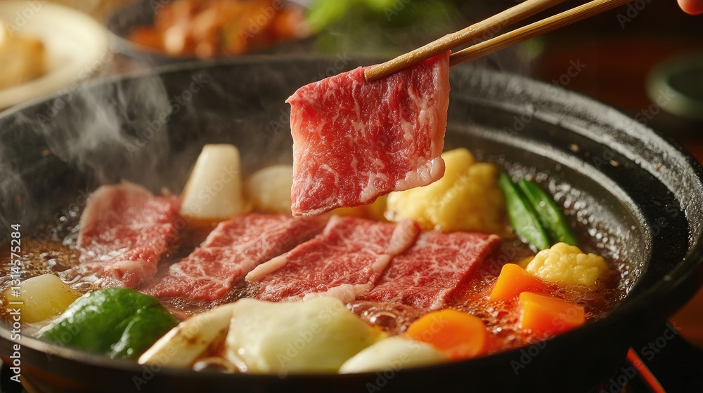 Fototapeta premium A close-up of a hand using chopsticks to pick up a piece of meat from a steaming hot pot, with colorful vegetables and bubbling broth visible in the background.