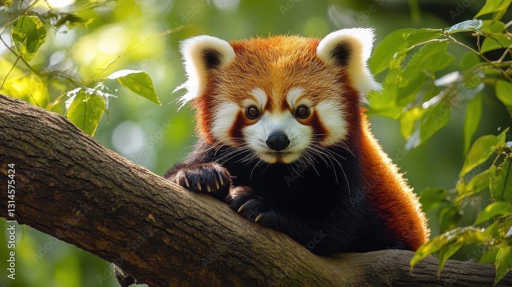 Obraz premium Adorable red panda resting on a tree in a lush green forest.