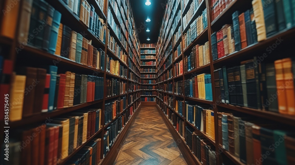 A mesmerizing perspective down a long library aisle, filled with countless books, creating a captivating visual journey through knowledge and literature. A mesmerizing perspective down a long library aisle, filled with countless books, creating a captivating visual journey through knowledge and literature.