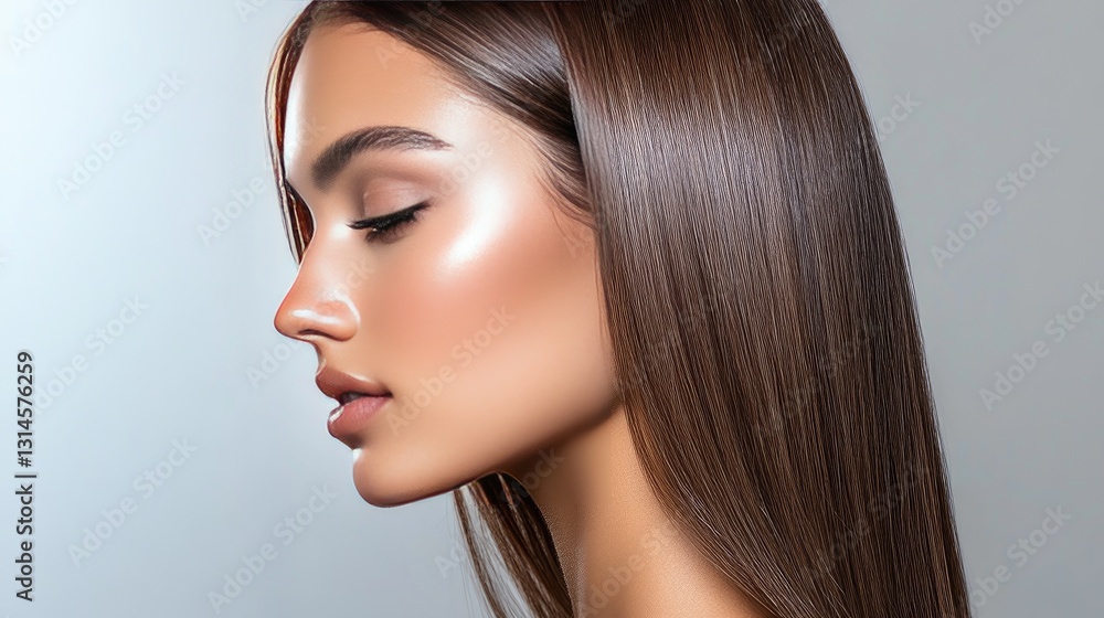 Fototapeta premium A close-up of a woman with sleek, straight hair styled into a polished look, showcasing healthy shine and smooth texture against a neutral background.