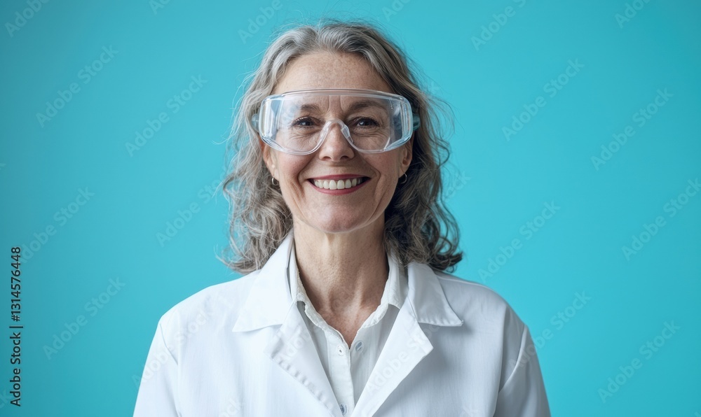 A smile senior female scientist in a white lab coat and safety goggles, standing against a neutral blue background, high-detail professional portrait A smile senior female scientist in a white lab coat and safety goggles, standing against a neutral blue background, high-detail professional portrait