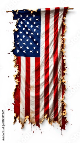 American democracy is under threat. American flag burning and hanging on a wooden pole, with a white background, representing concepts like protest, patriotism, or political unrest