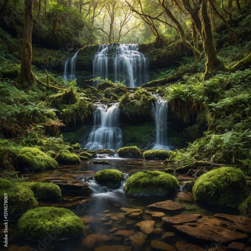 Enchanted Forest Waterfall – A magical forest scene with towering ancient trees, their leaves glowing in soft sunlight filtering through the canopy. A crystal-clear waterfall cascades into a serene po