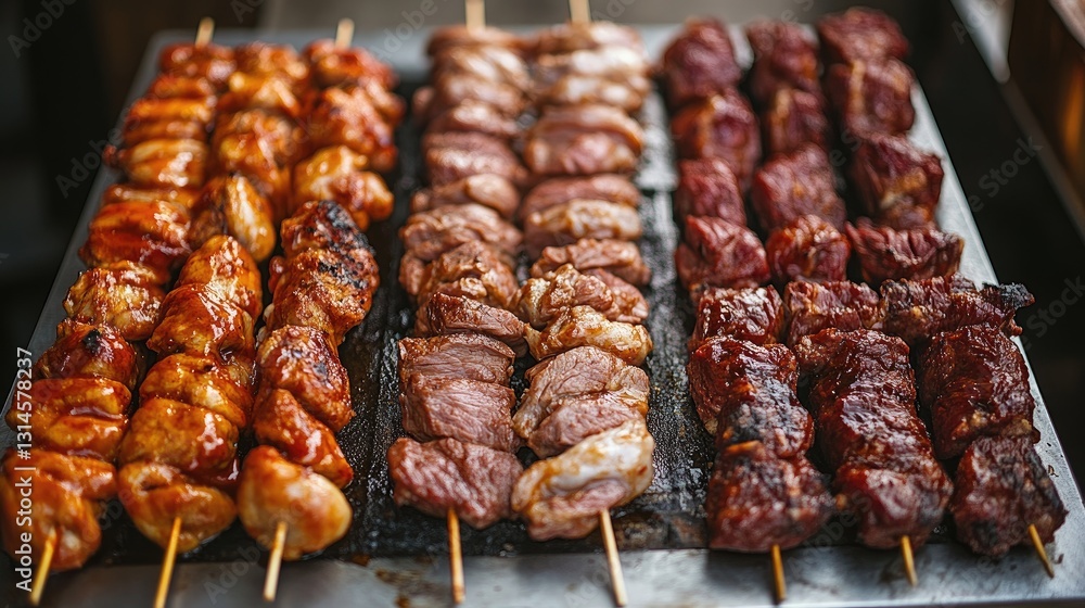 A dynamic image of a barbecue spread featuring various marinated meats, including chicken wings, beef kebabs, and pork ribs, ready for grilling. A dynamic image of a barbecue spread featuring various marinated meats, including chicken wings, beef kebabs, and pork ribs, ready for grilling.
