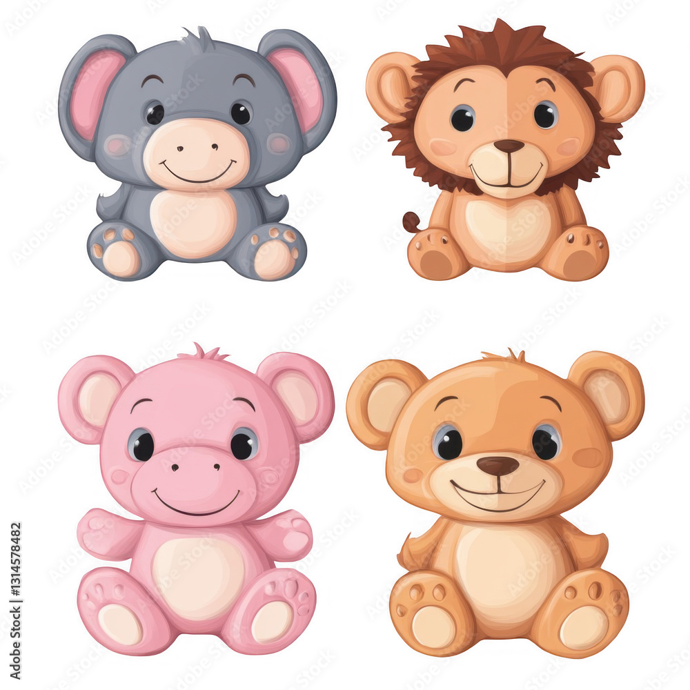 Cute Cartoon Animals Collection of Elephant, Lion, Bear, and Pig Cute Cartoon Animals Collection of Elephant, Lion, Bear, and Pig