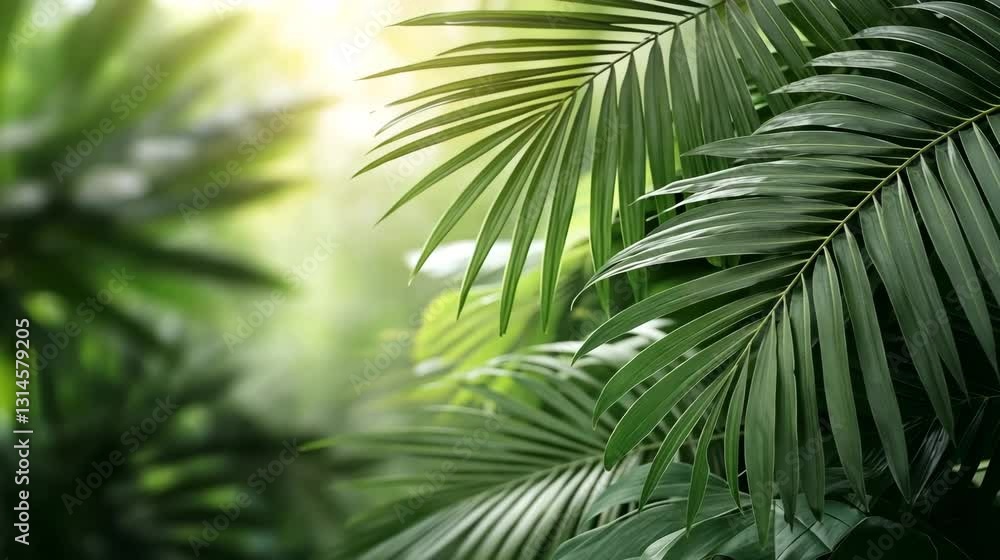 Lush Tropical Leaves with Golden Sunlight Peeking Through, Creating Serene Jungle Atmosphere of Green Nature and Foliage Plant