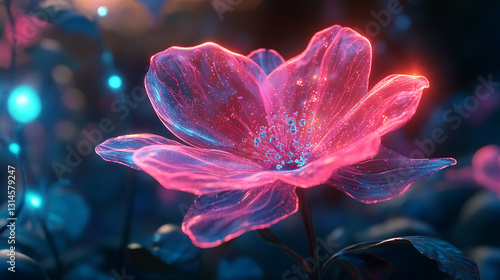 Fototapeta Naklejka Na Ścianę i Meble -  Realistic close-up animation of a bioluminescent flower with translucent petals, radiating a soft neon glow in a futuristic botanical garden 