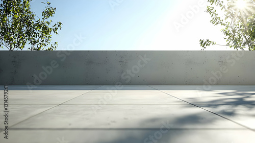 Modern Minimalist Architectural Design Featuring A Concrete Wall And Tiled Floor With Natural Daylight And Tree Shadows