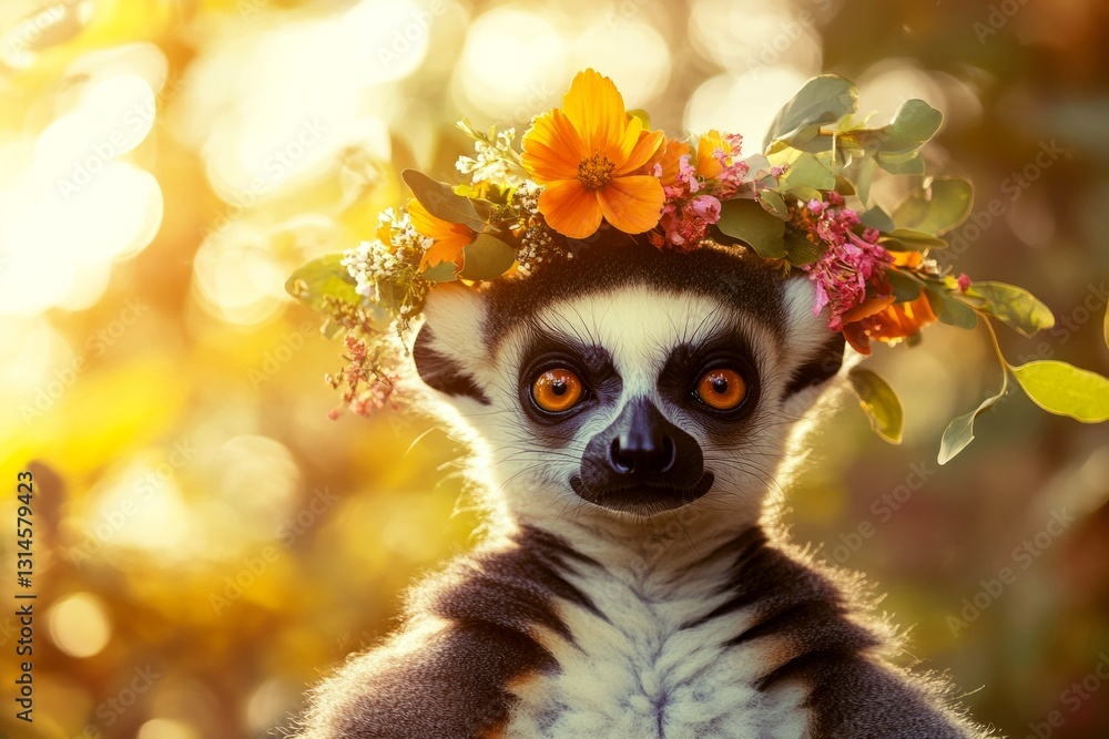 Naklejka premium Cute baby animal lemur wearing primal flower wreath on its head. Summer happiness. Early sunshine. Animal with floral elegance. Elegant wildlife with floral accents. Sun-kissed wild animal.