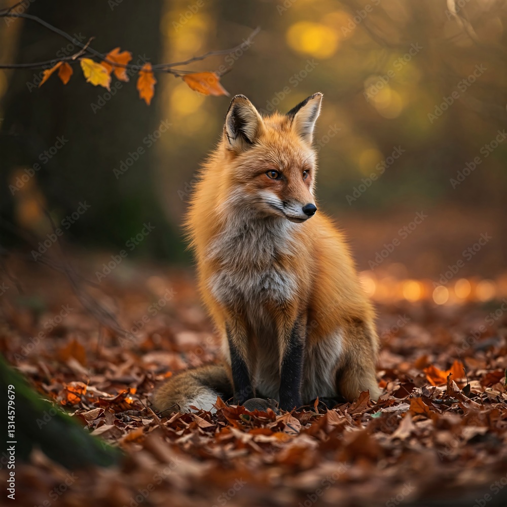 Naklejka premium Fox in Autumn: A stunning red fox sits amidst a forest of autumn colors, surrounded by fallen leaves and warm sunlight. Its alert gaze suggests a sense of curiosity.